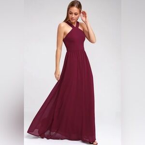 Lulus NWT Air of Romance Burgundy Modified Halter Neck Maxi Formal Dress, Size S